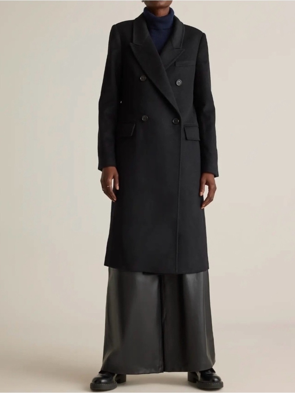 Quince Italian Wool Double-Breasted Long Coat - Black